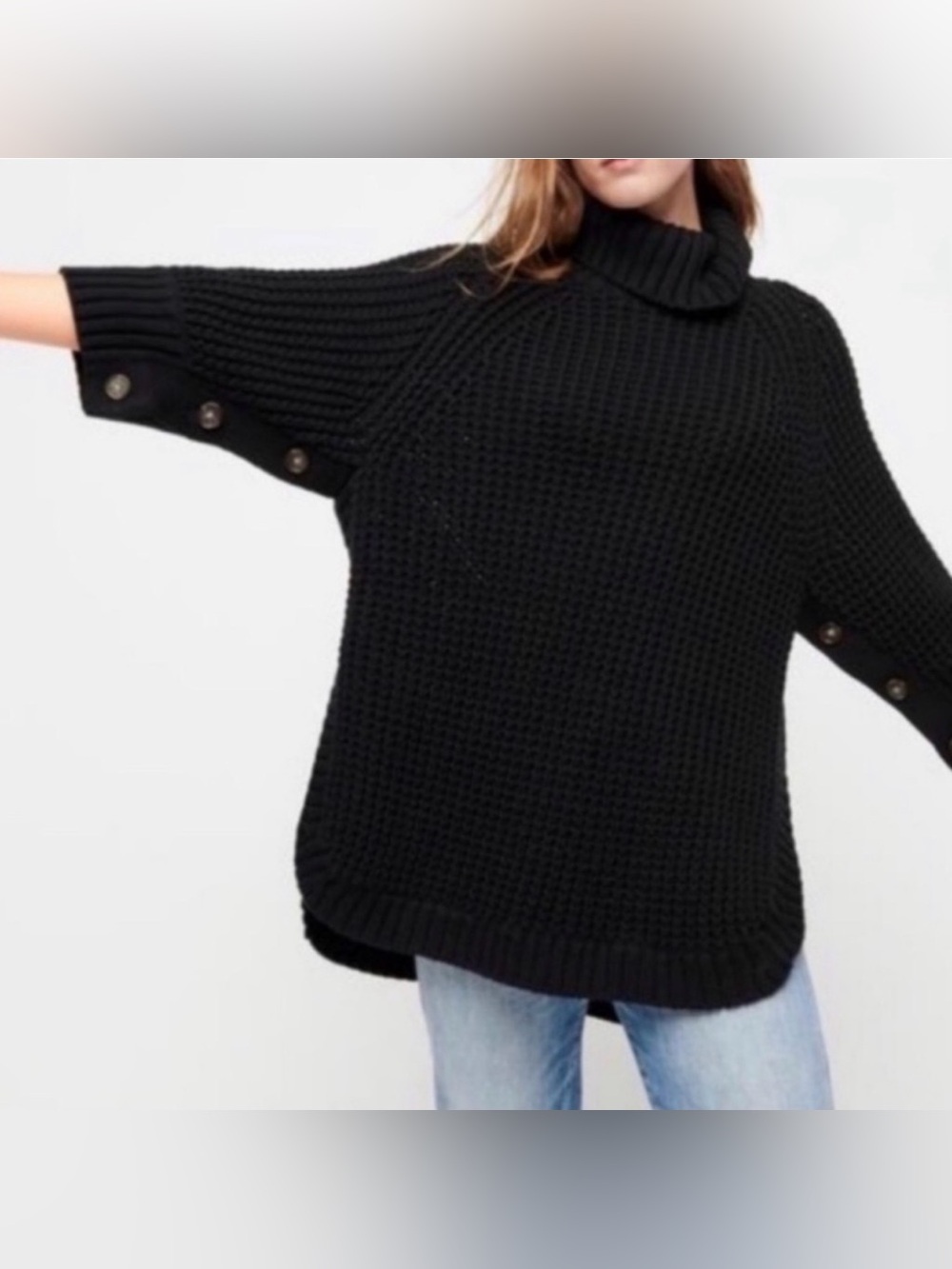 NWT J.Crew Black Chunky Knit Turtleneck Poncho Button Sleeve Sweater Boho XS/S